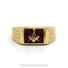 10k yellow gold men's red Masonic square and compass ring — top view - Thumbnail 1