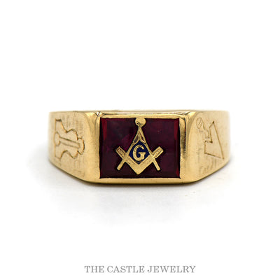 10k yellow gold men's red Masonic square and compass ring — top view