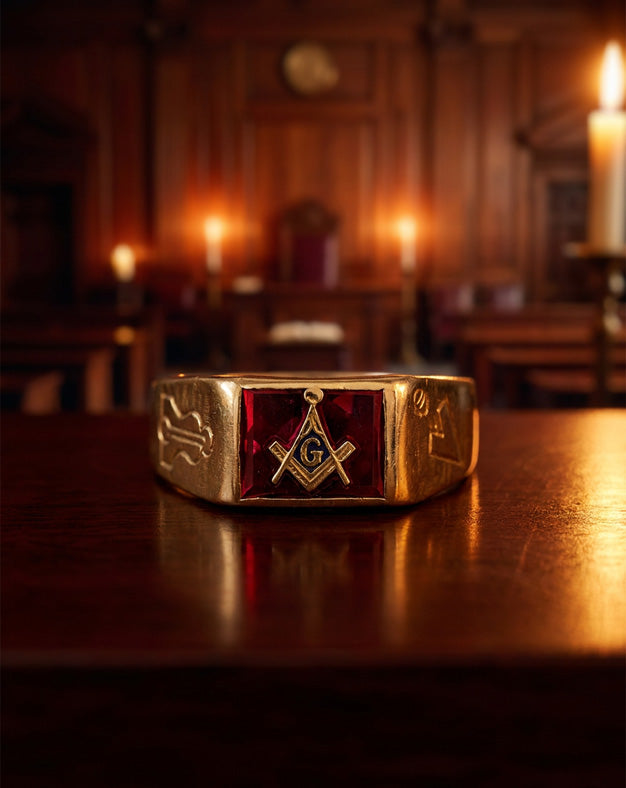 Men's Red Masonic Ring with Square and Compass Emblem in 10k Yellow Gold — lifestyle photography