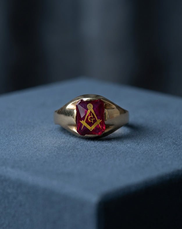 Square & Compass Masonic Ring on Synthetic Red Stone in 10k Yellow Gold