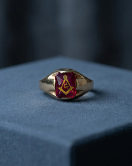 Square & Compass Masonic Ring on Synthetic Red Stone in 10k Yellow Gold