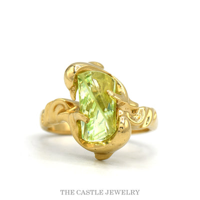 14k yellow gold fancy cut green spinel ring with dolphin mount — top view