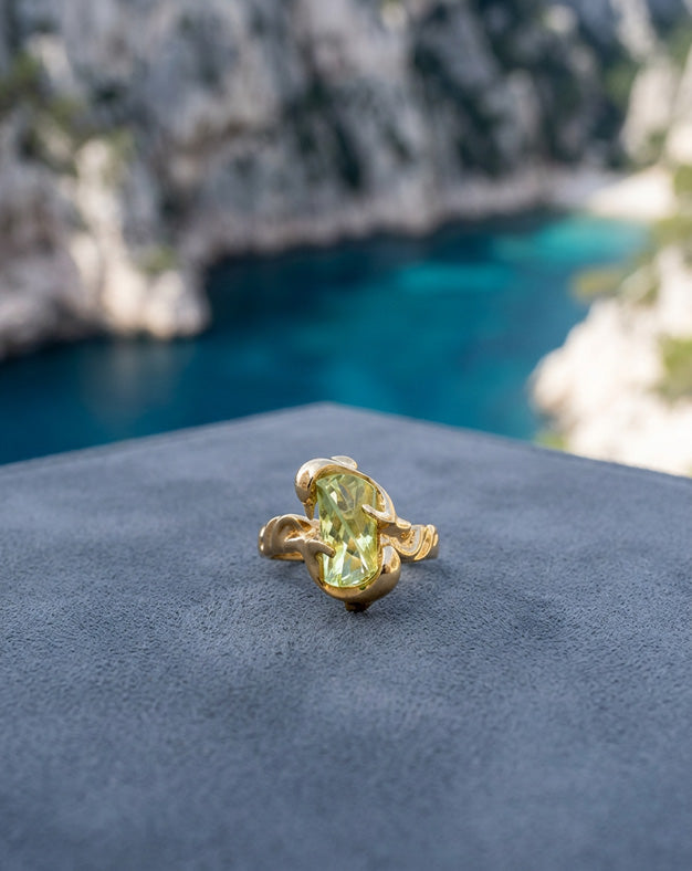 Fancy Cut Green Spinel Ring with Dolphin Mount in 14k Yellow Gold