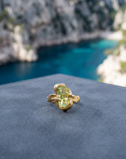 Fancy Cut Green Spinel Ring with Dolphin Mount in 14k Yellow Gold