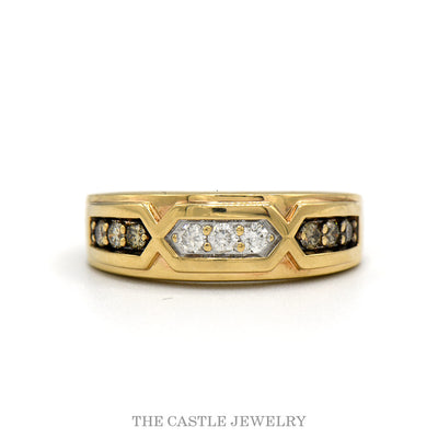 10k yellow gold band with white and cocoa diamonds and a three stone panel — top view