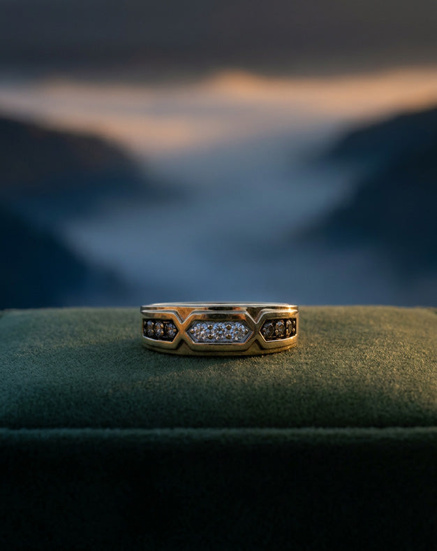Men's Tapered 10k Yellow Gold Band with 1/2cttw of White and Cocoa Diamonds and a Three Stone Panel