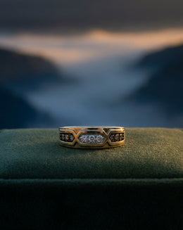 Men's Tapered 10k Yellow Gold Band with 1/2cttw of White and Cocoa Diamonds and a Three Stone Panel