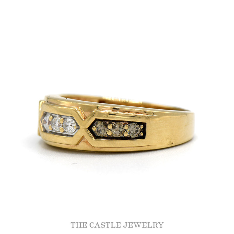 Side profile of the tapered white and cocoa diamond band