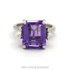 14k white gold emerald cut amethyst ring with stepped round diamond accents — top view - Thumbnail 1