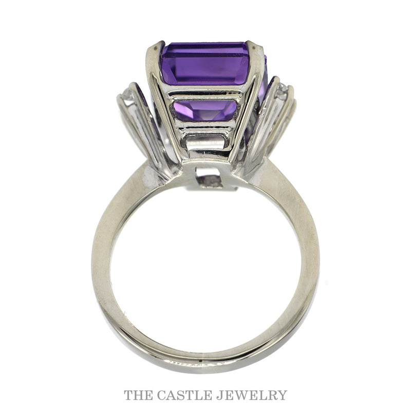 Front-facing view of the emerald cut amethyst ring in 14k white gold