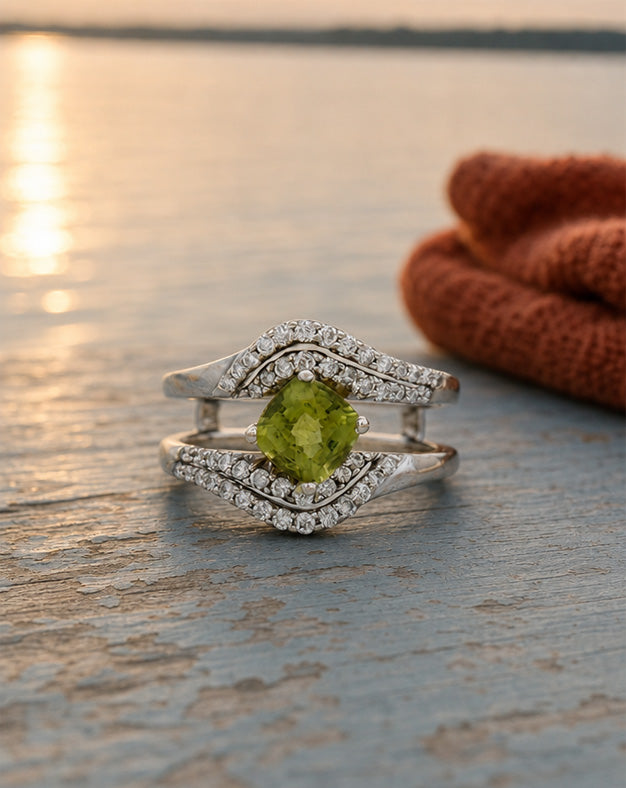Cushion Peridot Freeform Ring with .50cttw Diamond Bypass Rows in 14k White Gold