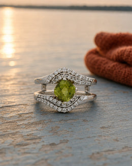 Cushion Peridot Freeform Ring with .50cttw Diamond Bypass Rows in 14k White Gold
