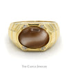 Oval Cabochon Brown Cat's Eye Ring with Diamond Accents and Ridged Sides in 10k Yellow Gold - Thumbnail 1
