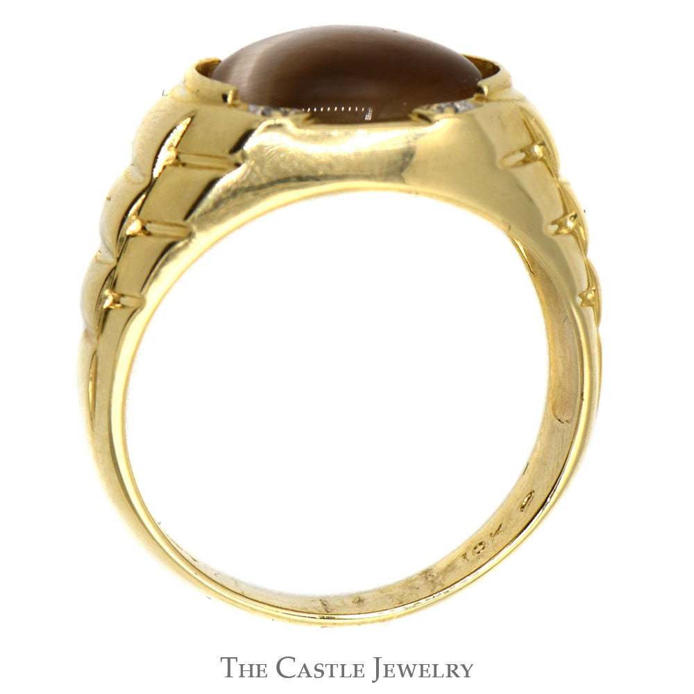 Oval Cabochon Brown Cat's Eye Ring with Diamond Accents and Ridged Sides in 10k Yellow Gold