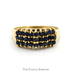 Three Row Round Sapphire Cluster Ring in 14k Yellow Gold
