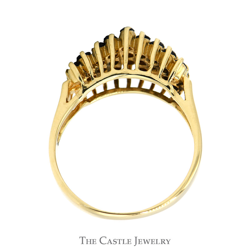 Three Row Round Sapphire Cluster Ring in 14k Yellow Gold