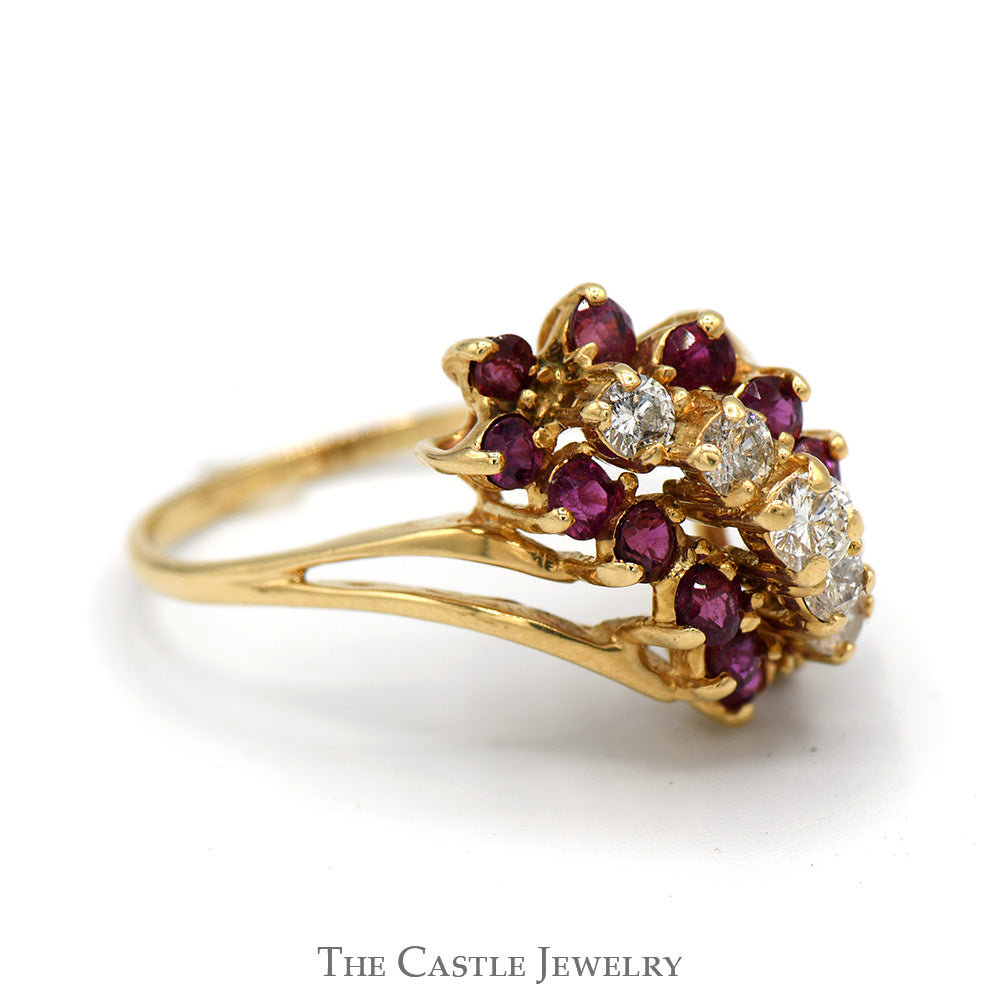 Diamond & Ruby Waterfall Cocktail Cluster Ring in 14k Yellow Gold Split Shank Setting