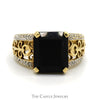 Rectangle Cut Black Onyx Ring with Diamond Accented Scroll Designed Sides in 10k Yellow Gold - Thumbnail 1