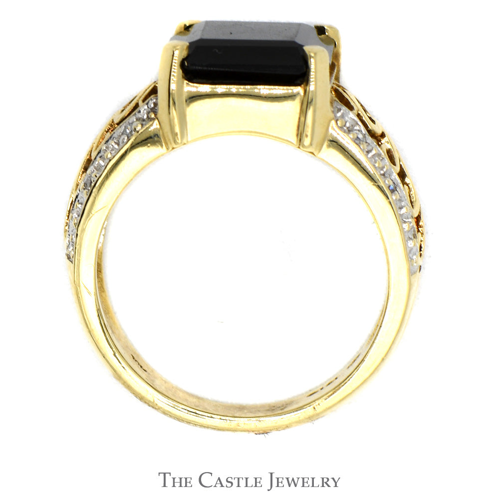 Rectangle Cut Black Onyx Ring with Diamond Accented Scroll Designed Sides in 10k Yellow Gold