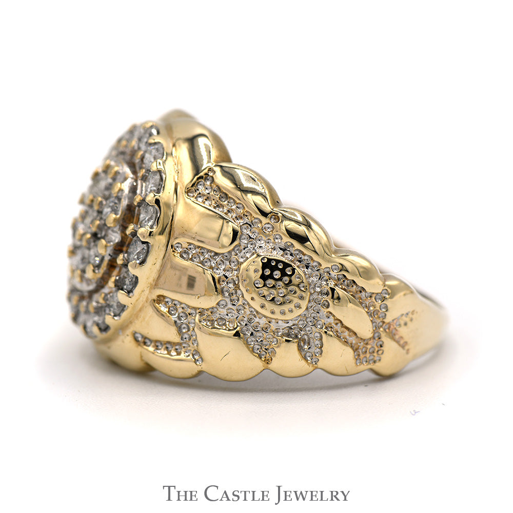 3/4cttw Oval Shaped Diamond Cluster Men's Ring with Nugget Designed Sides in 10k Yellow Gold