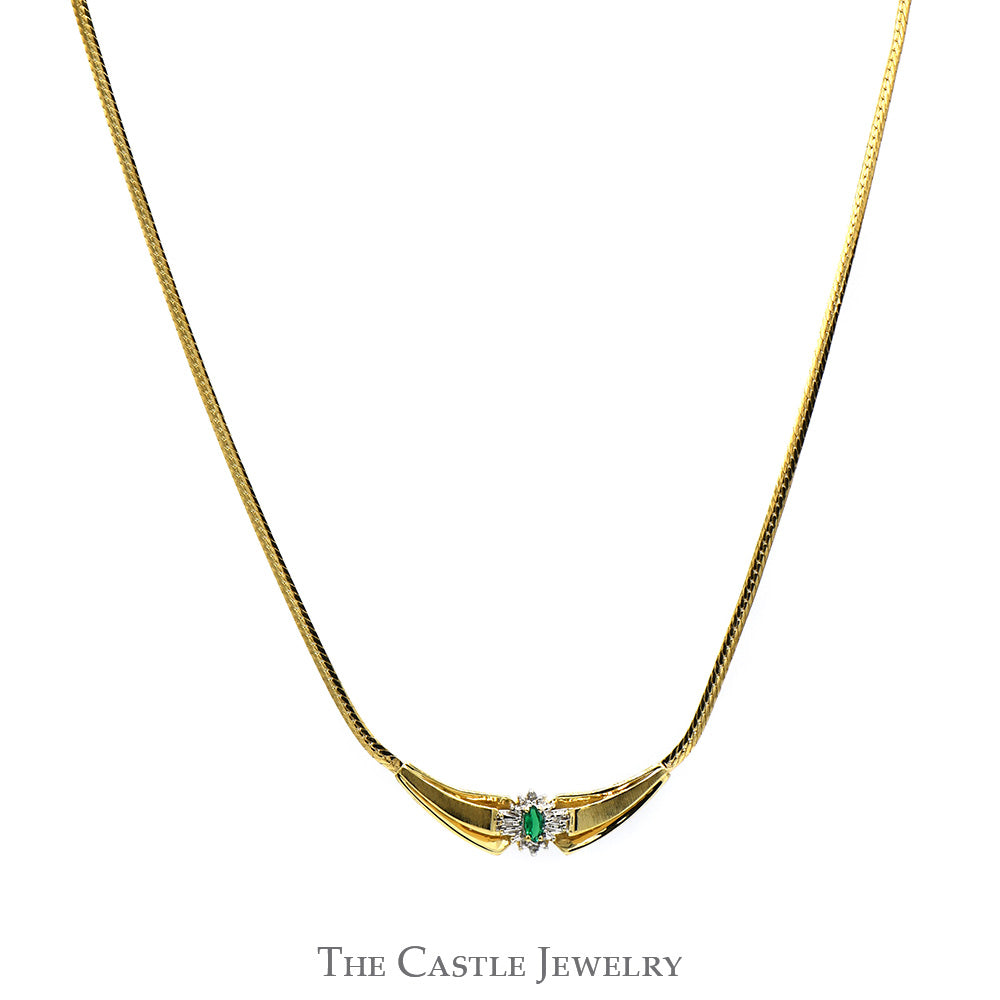 Marquise Shaped Chatham Emerald with Diamond Accents on Flat Link Necklace in 14k Yellow Gold