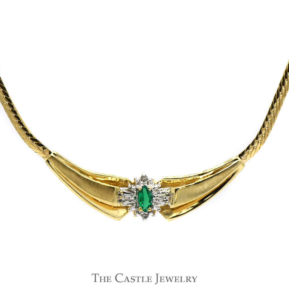 Marquise Shaped Chatham Emerald with Diamond Accents on Flat Link Necklace in 14k Yellow Gold