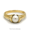6.5mm Pearl Solitaire Ring with Grooved Design Sides in 14k Yellow Gold - Thumbnail 1