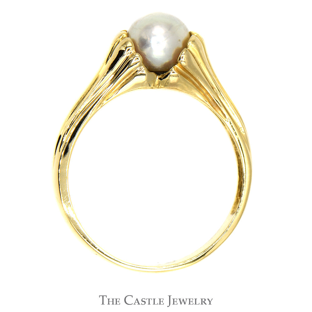 6.5mm Pearl Solitaire Ring with Grooved Design Sides in 14k Yellow Gold