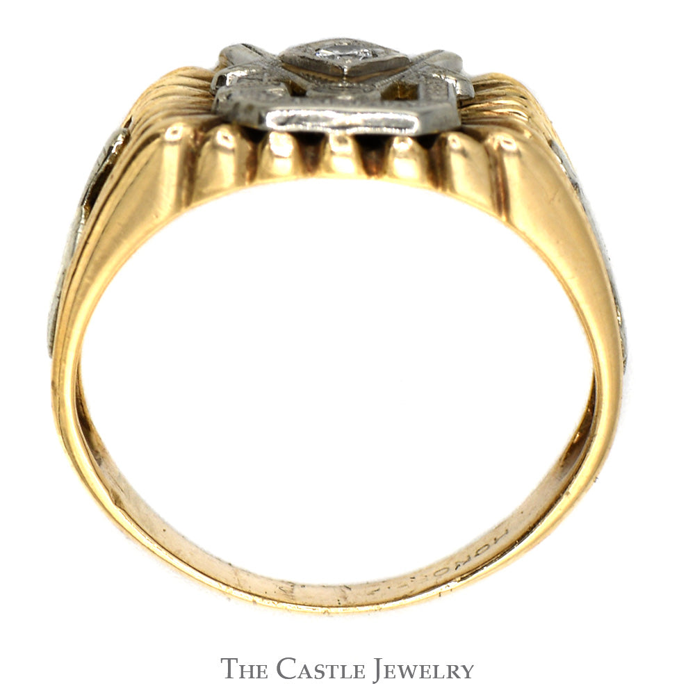 Two Tone Diamond Masonic Ring in 10k White and Yellow Gold
