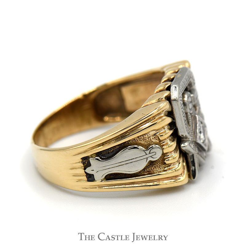 Two Tone Diamond Masonic Ring in 10k White and Yellow Gold