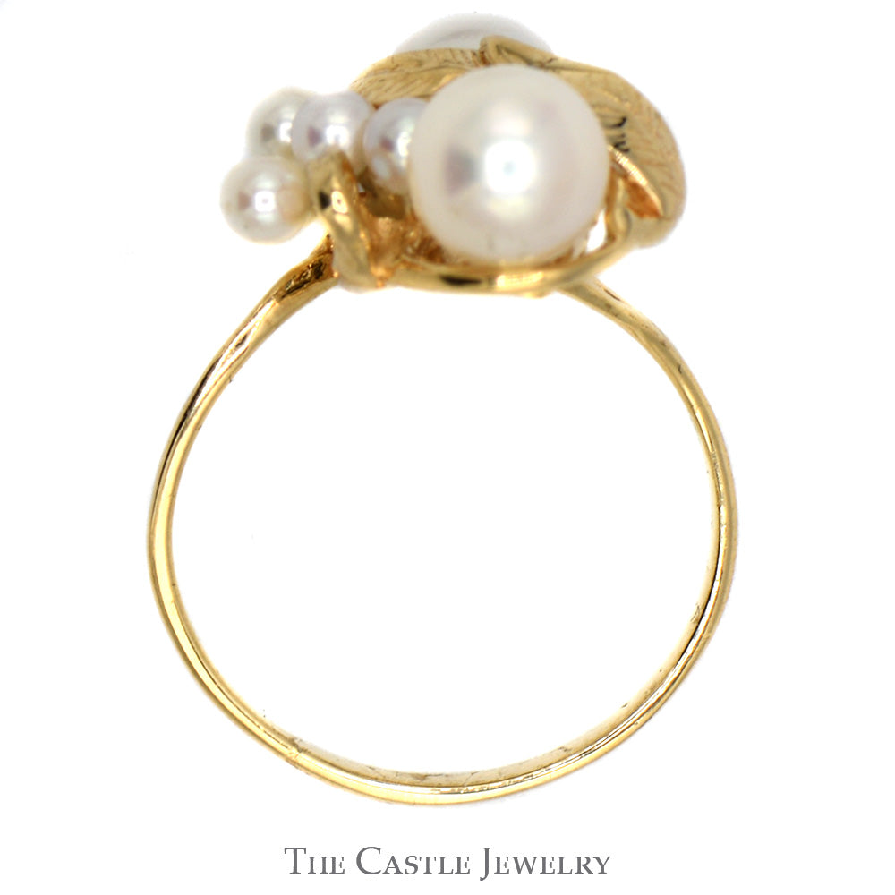 Pearl Cluster Ring with Open Leaf Design in 14k Yellow Gold