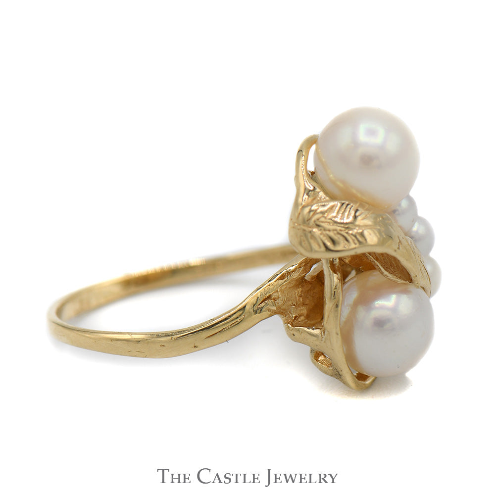 Pearl Cluster Ring with Open Leaf Design in 14k Yellow Gold