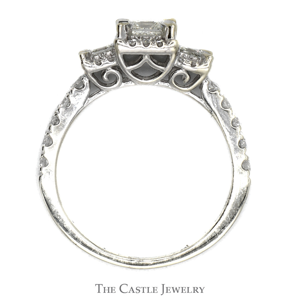 1cttw Three Stone Princess Cut Diamond Engagement Ring with Square Halos and Accents in 10k White Gold