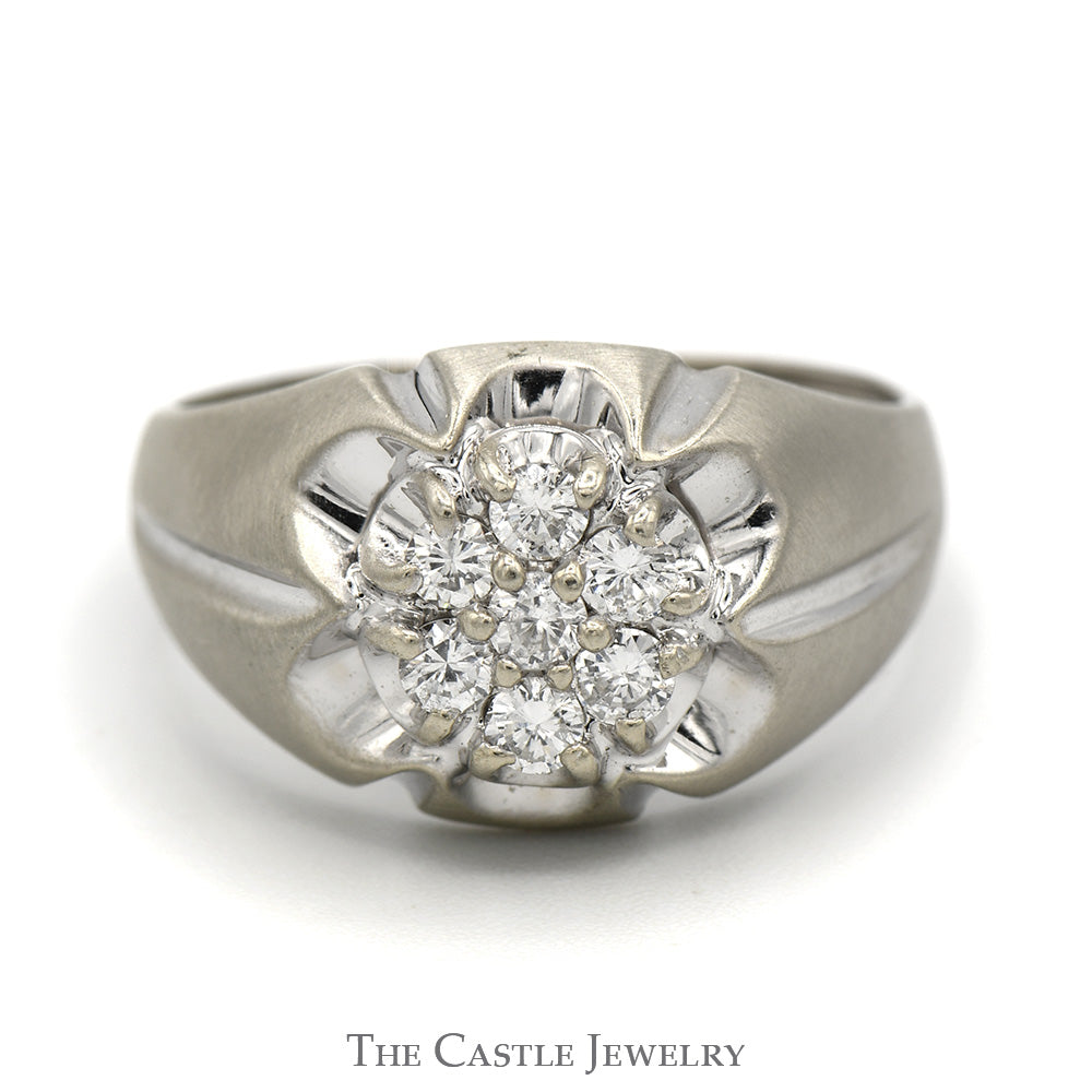 1/2cttw 7 Diamond Cluster Ring in Ridged Designed Brushed 10k White Gold Mounting