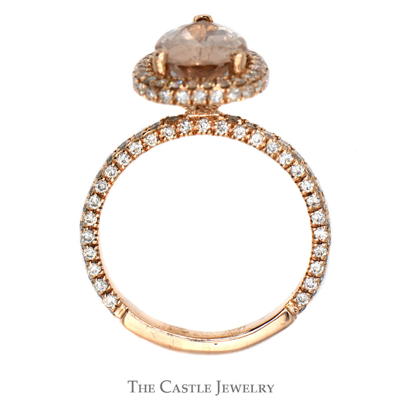 Pear Cut Morganite Ring with Diamond Halo and Accented Sides in 14k Rose Gold