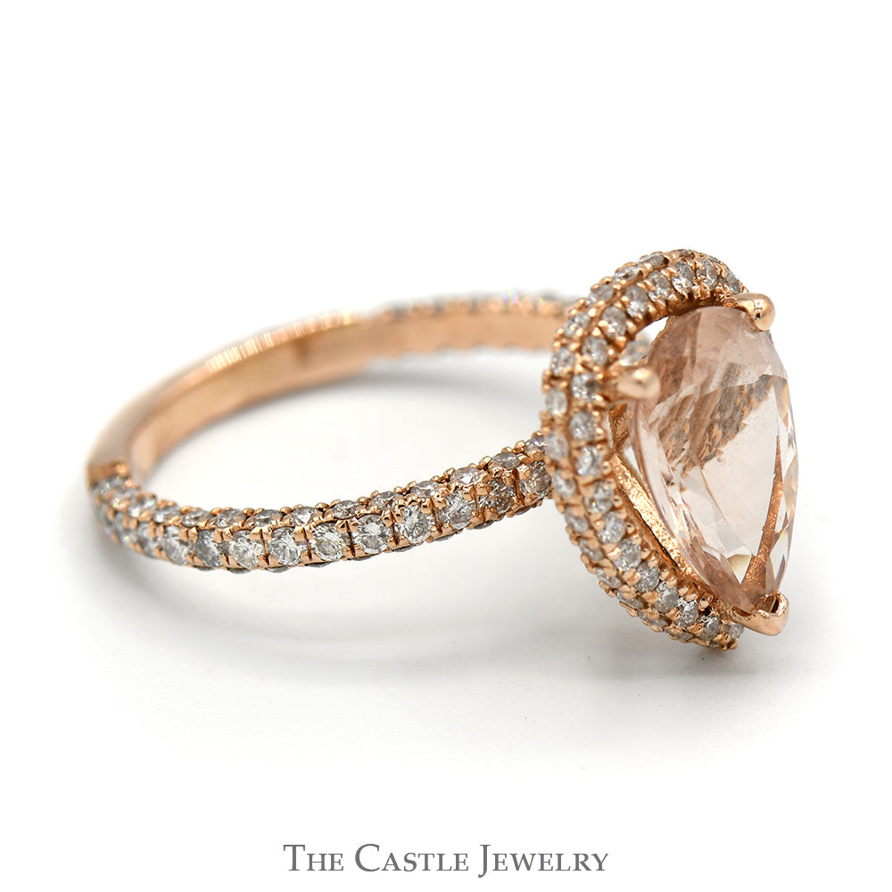 Pear Cut Morganite Ring with Diamond Halo and Accented Sides in 14k Rose Gold