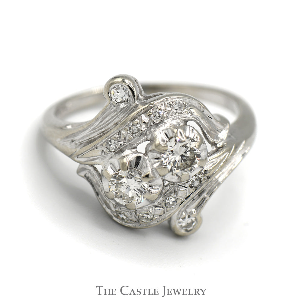 Antique Style Double Diamond Ring with Diamond Accents in 14k White Gold