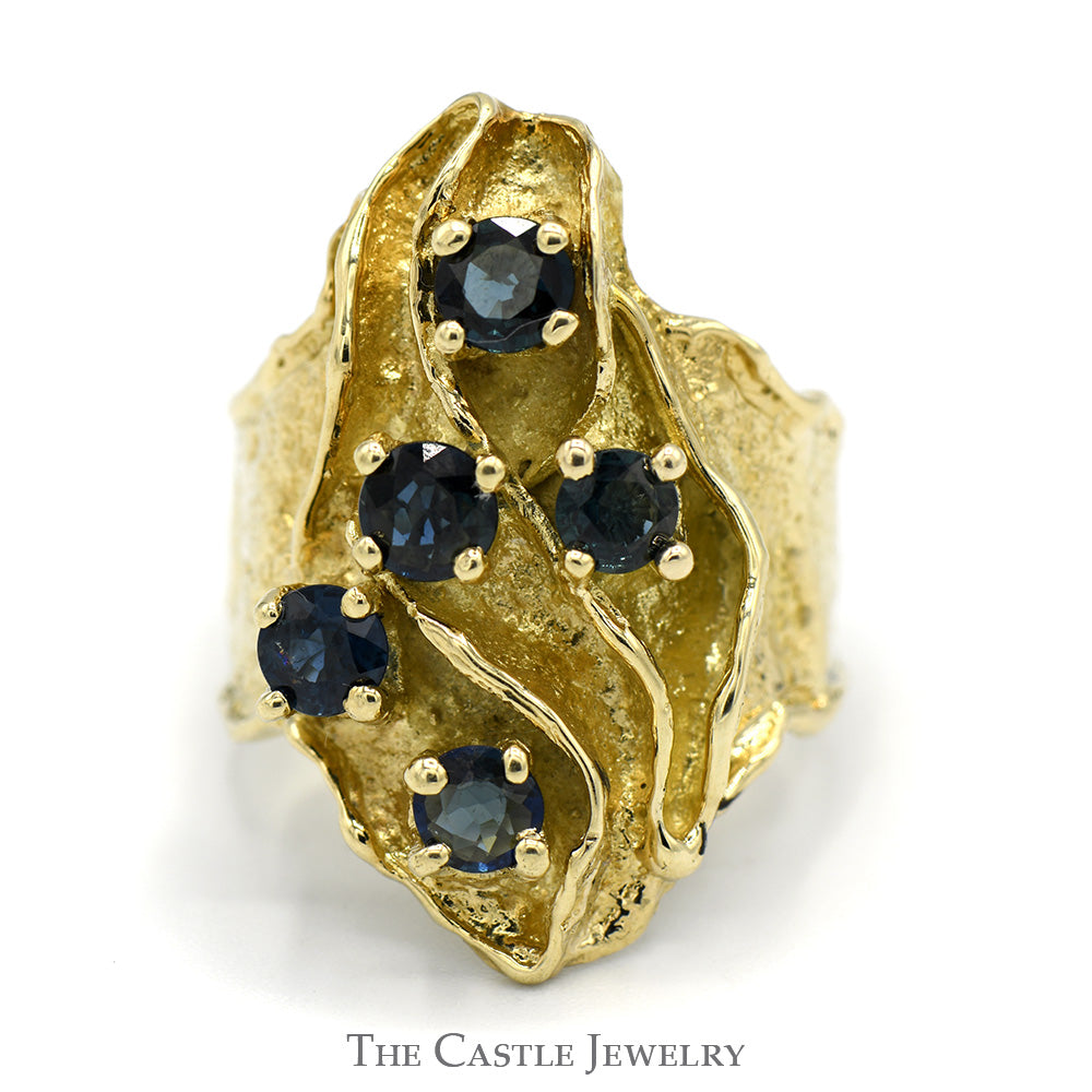 Round Sapphire Cluster Ring with Unique Freeform Shield Design in 14k Yellow Gold Ridged Mounting