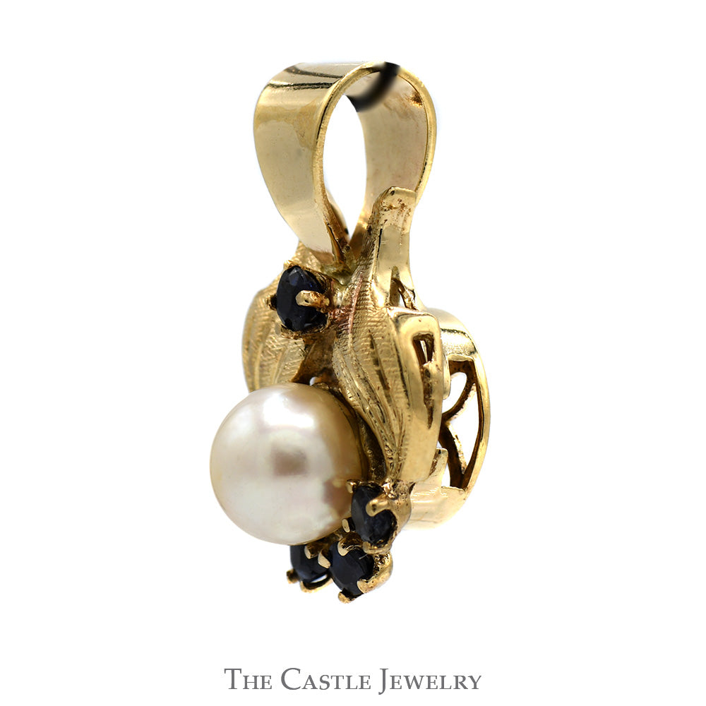 Round Pearl Pendant with Sapphire Accented Wing Inspired Design in 10k Yellow Gold