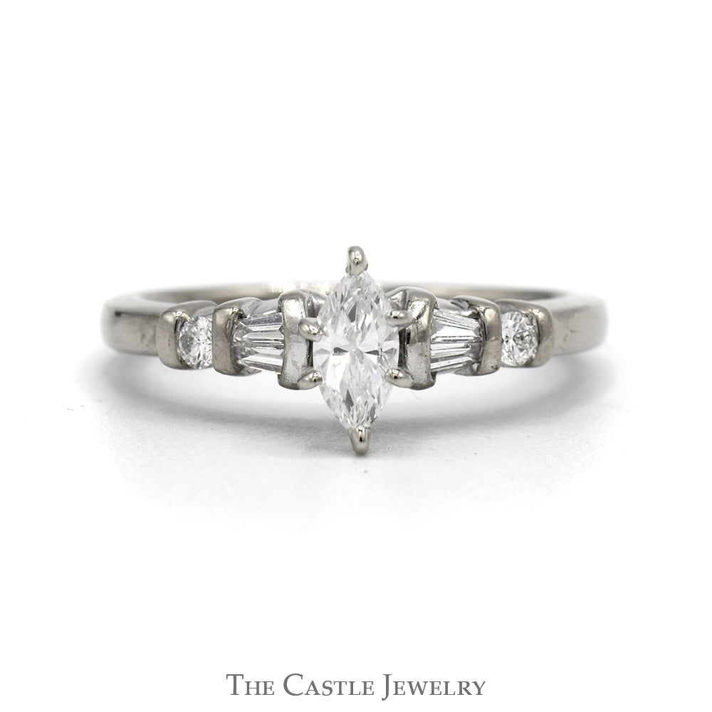 Marquise Diamond Engagement Ring .38CT With Channel-Set Baguette Cut And Round Diamond Sides .50CTTW In 14KT White Gold