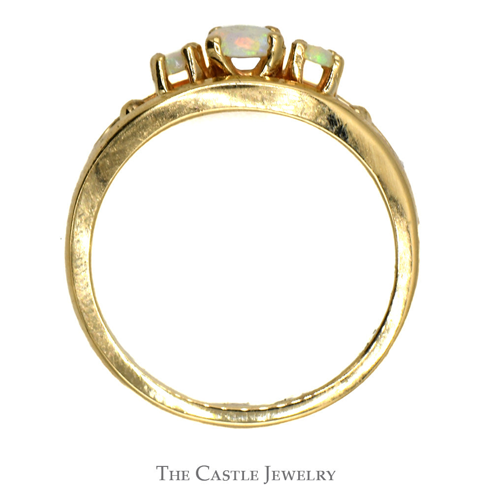 Three Stone Opal Ring with Beaded Accents in 14k Yellow Gold