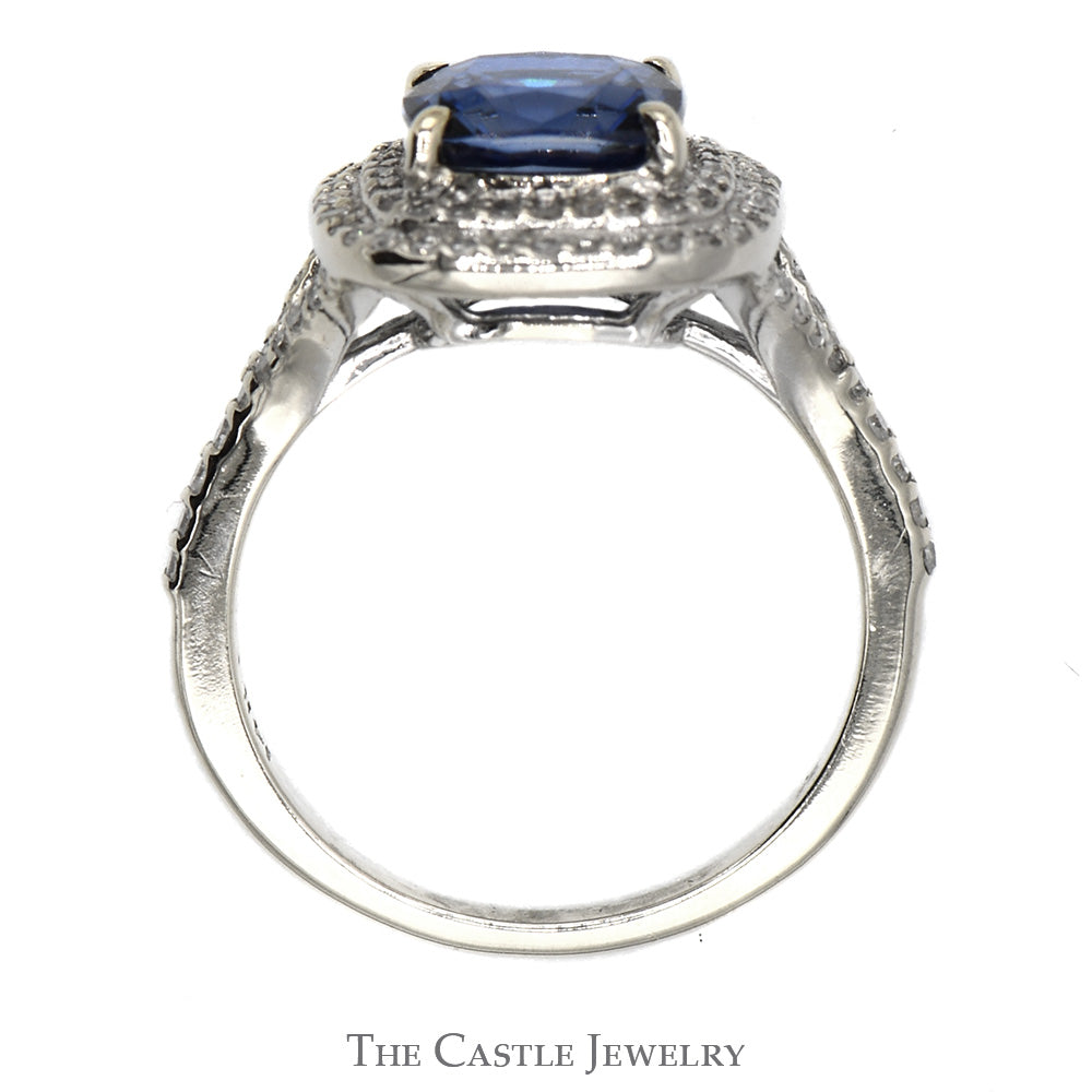 Effy Designer Cushion Cut Sapphire Ring with Double Diamond Halo and Accents in 14k White Gold