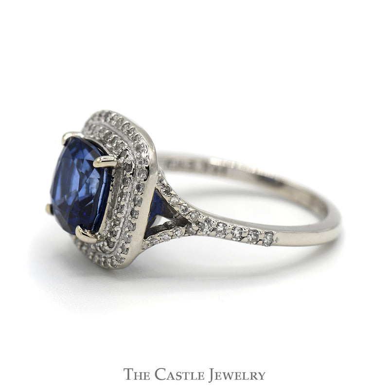 Effy Designer Cushion Cut Sapphire Ring with Double Diamond Halo and Accents in 14k White Gold