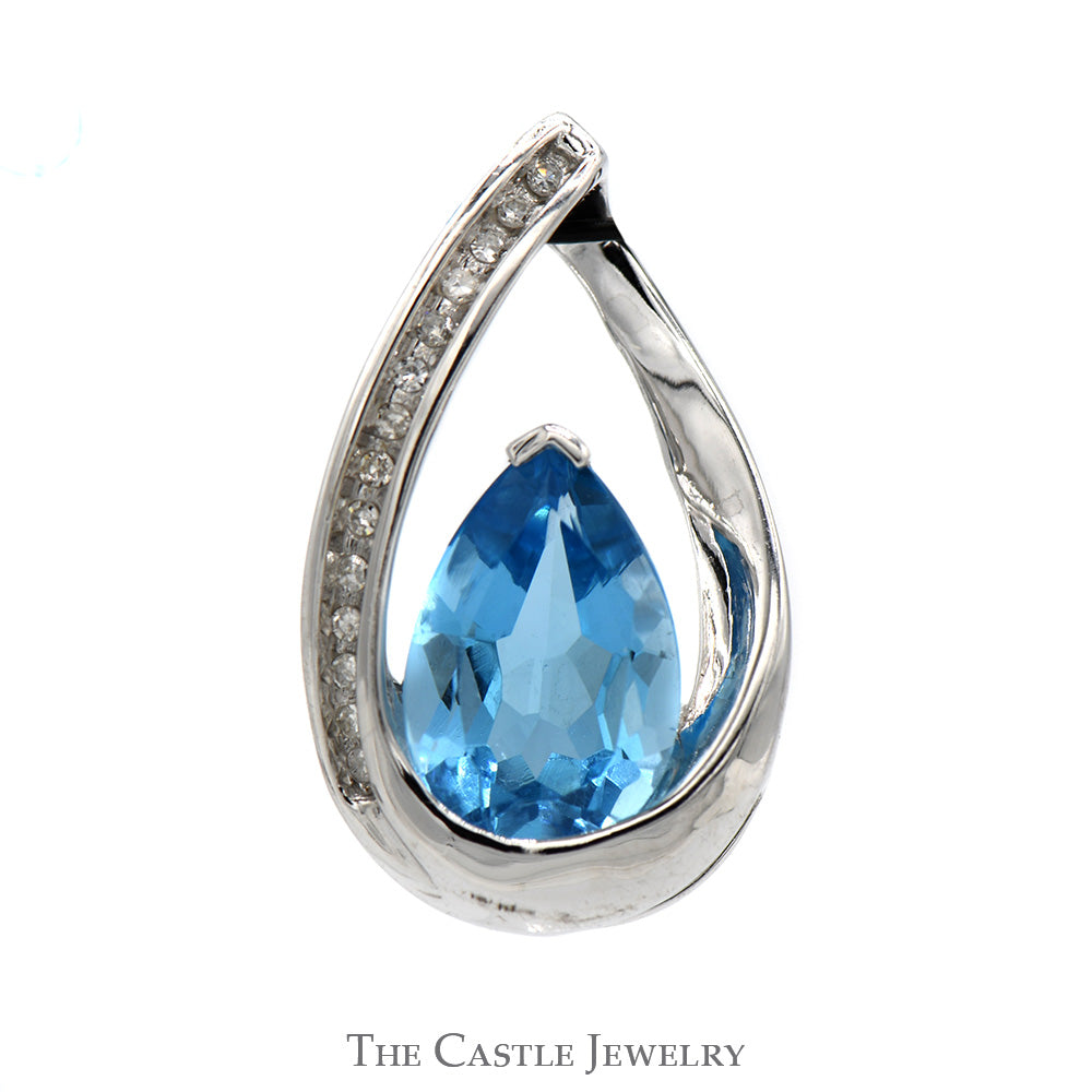 Pear Cut Blue Topaz Pendant with Nick Set Diamond Accents in 14k White Gold