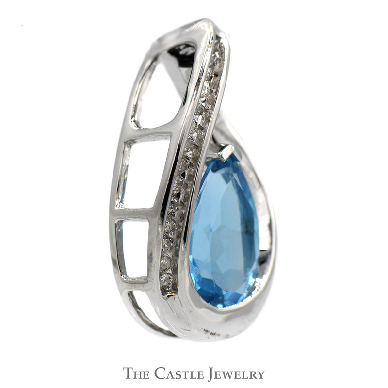 Pear Cut Blue Topaz Pendant with Nick Set Diamond Accents in 14k White Gold