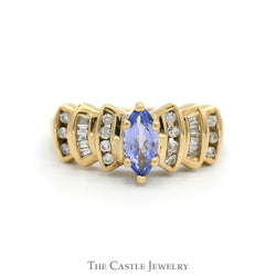 Marquise Cut Tanzanite Ring with Round & Baguette Cut Diamond Accents in 10k Yellow Gold