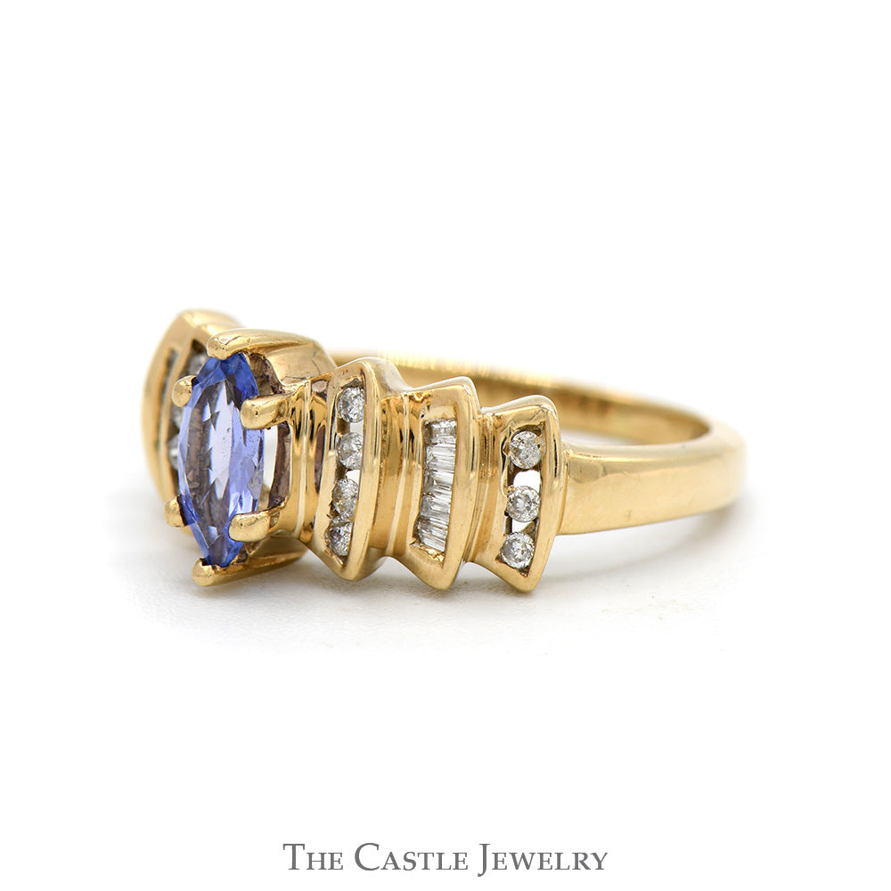 Marquise Cut Tanzanite Ring with Round & Baguette Cut Diamond Accents in 10k Yellow Gold