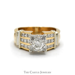 Square Shaped Illusion Set Diamond Ring with Princess Cut Accented Sides in 14k White & Yellow Gold