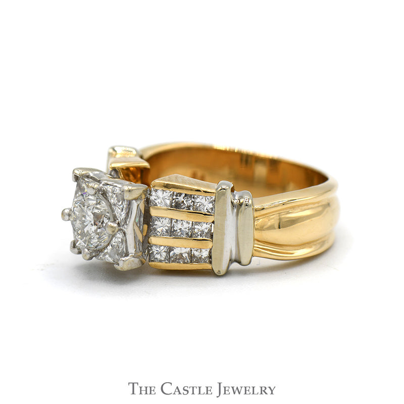 Square Shaped Illusion Set Diamond Ring with Princess Cut Accented Sides in 14k White & Yellow Gold