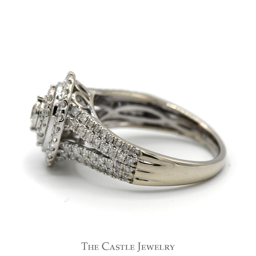 1cttw Oval Shaped Diamond Cluster Engagement Ring with Diamond Accented Split Shank Sides in 10k White Gold